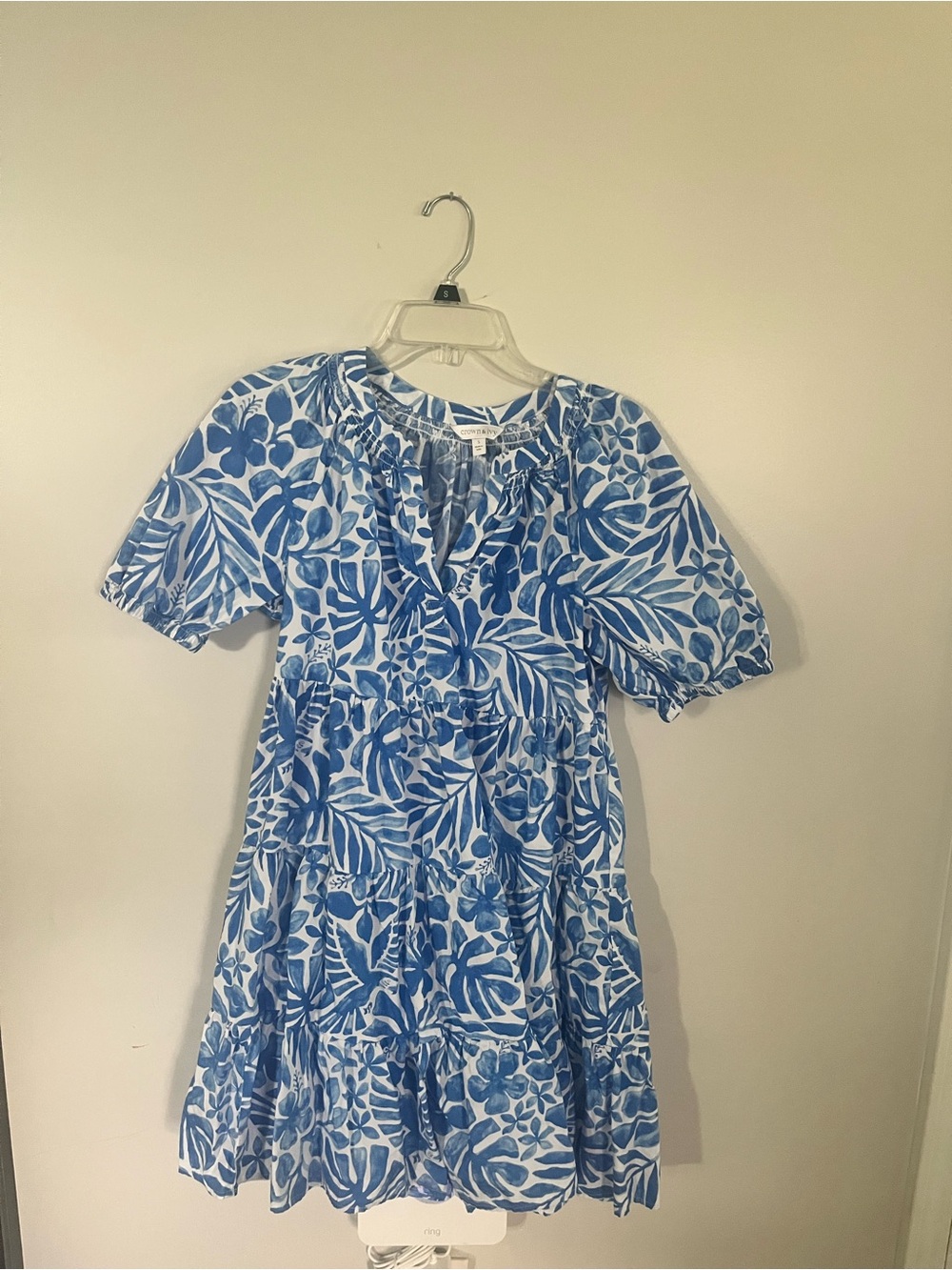crown & ivy White and Blue Floral Tiered Cotton Dress